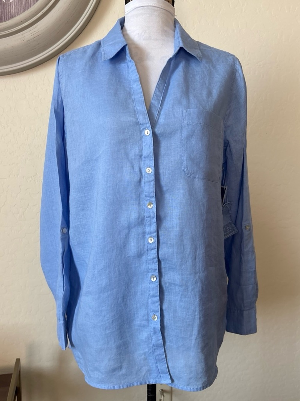 Sigrid Olsen Shirt Women L Blue 100% Linen Roll Tab Long Sleeve Button Up Pocket